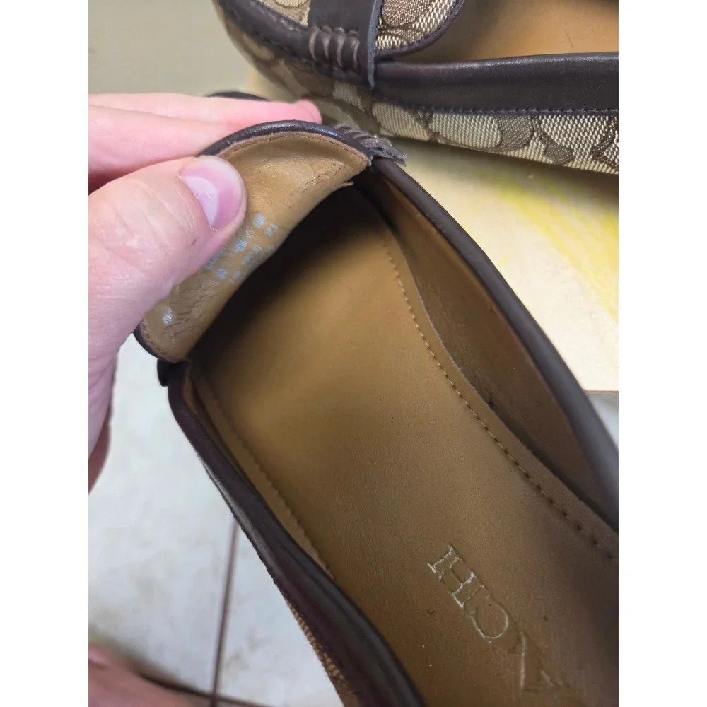 Coach Signature Penny Loafers Khaki Brown Monogram Leather Trim Flats 7.5 Narrow